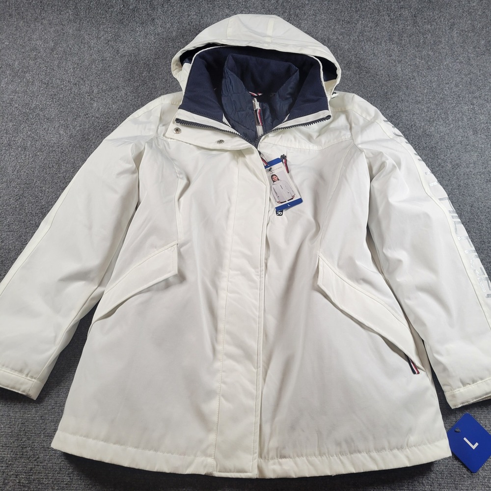 Tommy Hilfiger 3-in-1 All Weather System Jacket Womens L White Navy Hooded Coat
